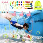 Diving Toys, 22 Pcs Pool Toys Bulk with Swim Thru Rings for Kids Age 3-12, Underwater Training Diving Fish Rings, Diving Gem, Diving Seaweed, Pool Torpedo, Packing Bag Included