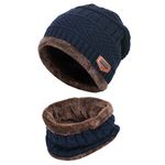 Thenice Childrens/Kids Warm Knitted Beanie Hat and Circle Scarf Set (Navy Blue)