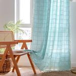 Sutuo Home Boho Curtains 96 Inches Long for Bedroom Living Room, Semi Blackout Linen Plaids Farmhouse Tassels Window Treatment Bohemian Embroidery Drape,Rod Pocket 1 Panel 52" W x 96" L, Aqua Blue