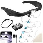 Magnifying Glass with Light, SUNJOYCO Rechargeable Magnifying Eyeglasses with 4 Lenses 1.5X, 2.5X, 3.5X, 5X, Headband Loupe Handsfree Magnifying Glasses Headset for Reading Sewing Watch Repair Jewelry