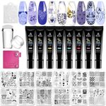 Biutee Nail Stamper Kit Nail Art Stamping Plate Kit with 8 Stamping Nail Polish Gel 12 Stamp Plate Jelly Silicone Stamper Scraper Design Stencil Template Tool Supplies Set for Summer Holiday (Storage Bag)