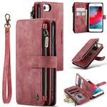 UEEBAI Wallet Case for iPhone SE 2022 5G/iPhone 7/iPhone 8/iPhone SE 2020, Handmade PU Leather Phone Case Card Slots Magnetic Zipper Pocket Kickstand Cover Flip Case for iPhone SE3/SE2 - Vintage Red