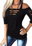 Cut Out Cold Shoulder Square Collar Shirt Women Lacerated 3/4 Sleeve Blouse Cut Out Sexy Hollow Out Casual Tee Tops, Black, M