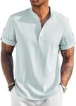 COOFANDY Men's Casual Henley Shirt Short Sleeve Band Collar Linen Shirt Summer Beach Hippie T-Shirts Light Blue