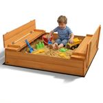 LALAHO Wooden Sand Pit with Lid, Outdoor Playhouse Foldable Sandbox Cover for Kids with 2 Benches Includes Ground Mat & Corner Protectors, 120×120 cm Fun Sandpits Outdoor Toy for Children