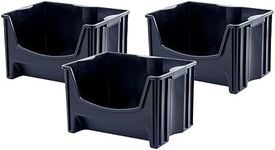 Mighty Tuff Jumbo Stackable Storage Bins, Pack of 3, Easy-Access Storage, Large Easy-To-Grip Handles, Wide Front Opening, Interlocking, Stack Vertically, Black