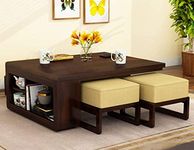 Furniture Plaza Sheesham Wood Rectangle Coffee Centre Table for Living Room | Outdoor Center Coffee Table with 4 Stool for Home | Solid Wood, Walnut Finish