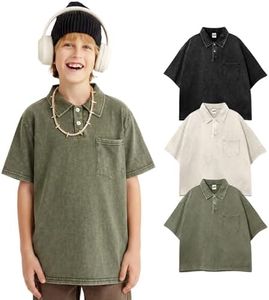 Yimoon Boys Polo Shirt Kids Oversized T Shirts Cotton Acid Wash Golf Shirts with Chest Pocket(BlackBeigeArmy-11-12Y)
