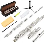 EASTROCK Silver Plated Flute Instrument for Beginner Kids Student，Closed Hole Flutes 16 Keys C Flute with Carrying Case,Stand，Cleaning kit，Gloves，Tuning Rod(Silver Plated)