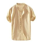 LAOLUO Men's Short Sleeve Cotton Linen T-Shirt Baggy Button Blouse Casual Men's Summer Vintage Casual Plain Buttons Mao Collar Shirt, 2-Khaki, L