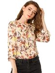 Allegra K Women's Tie V Neck Casual Boho Ruffled 3/4 Sleeve Floral Blouse Tops Beige Small