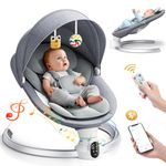 Fdlscpem Electric Baby Swing for Infant, Upgraded 5 Point Harness Baby Bouncer Chair with 5 Swing Speeds 3 Timers and 10 Music, APP/Remote/IMD Panel Control Newborn Toddler Swing Chair (Light Grey)