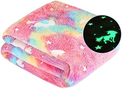 Glow in The Dark Blanket Unicorn Gifts for Kids Girls Teen Birthday Christmas Halloween Present Light Up Rainbow Unicorn Bedroom Bed Decor Fun Soft Fluffy Plush Glowing Throw Pink 50"x60"