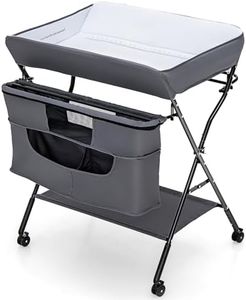 COSTWAY Folding Baby Changing Table, 4-Level Height Adjustable Newborn Massage Tables with Lockable Wheels, Hanging Rod, Storage Bag & Shelf, Infant Care Station Diaper Organizer (Grey)