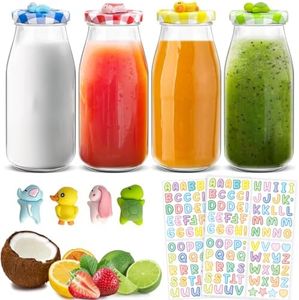 Loyaboho Botellas de leche de vidrio con tapas, 4 Botes Cristal Pequeños 250 ml, Tapa de Gingham con 4 Colores y Pegatinas de 2 letras,Mini Botellas con Tapa Para Salsas, Bodas, Barbacoas y Picnics