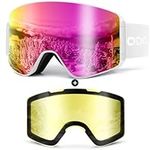 Odoland Ski Goggles Set with Detachable Lens,Anti-Fog UV Protection Snow Goggles for Men and Women,White and Pink