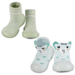 MK MATT KEELY 2 Pairs Baby Shoes Toddlers Sock Shoes Baby Boys Girls Soft Pre Walkers with Anti Slip Rubber Sole,Green+Elephant,6-12 Months