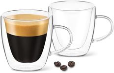 DLux Espresso Coffee Cups 80ml, Double Wall, Clear Glass Set of 2 3oz Glasses with Handles, Insulated Borosilicate Glassware Tea Cup