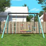 ModernLuxe Swing Set with Metal Frame, Nest Tree Swing, Height Adjustable Seesaw, Climbing Ladder, Outdoor Play Equipment for Children over 3 Years Old, Swing and Slide Set for Kids, Blue