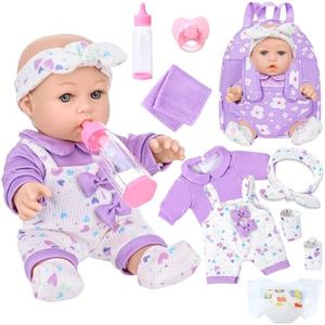 UZIDBTO 12" Baby Doll with Flower Pattern Backpack Carrier,12 Inch Realistic Baby Dolls with Clothes and Accessories Hanky Pacifier Bottle Diaper Toy Pretend Play Collection for 3+ Child Girls Gifts