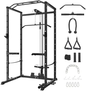 STMHOM Power Cage Home Gym, Squat Rack with Pulley System, Multi-Functional Power Rack with Cable Pulley System, Power Rack with Dip Bar and Landmine Attachment, Power Racks for Home Gym, Black