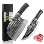 LONGQUAN 2PCS Butcher Knife Set - Hand Forged Serbian Chef Knife & Sharp Viking Knife - High Carbon Steel Kitchen Knife Set for Meat Cutting, Chef Boning Knife for Kitchen, Gift Idea Men