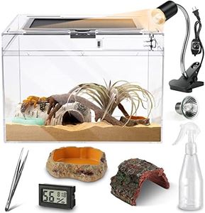 Reptile PC Terrarium, Anti Breakage 12x7x9 inch Amphibians Tank Starter Kits, Top Sliding Door Screen Ventilation Mini Habitat Cages, Hygrometer Thermometer, Hide Cave, Vines, Tweezer, Sprayer