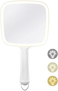 Lighted Handheld Mirror with 3 Light Color and Dimmable, 6.2'' X 5.9'' Makeup Mirror, Wide Viewing Angle, Lightweight & Durable, 4 AAA Battery, Versatile & Hangable for Makeup Application (White)