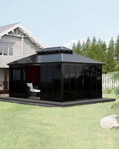 GarveeLife 12x16 ft Sunroom Hardtop Gazebo, Enclosed Gazebo with Floor-to-Ceiling Sliding Doors, All-Aluminum Alloy Frame, Screen Outdoor Room Solarium for Backyard, Patio, and Deck