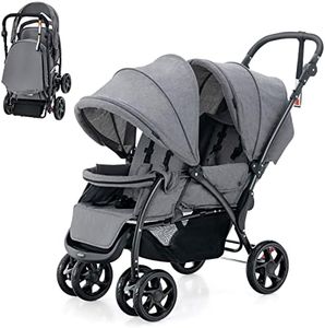 COSTWAY Poussette Tandem Double Pliable avec Auvent & Dossier Réglable, Poussette Landau Bébé avec Ceinture de Sécurité, Roues Verrouillables avec Freins, Pliable à une Main, Charge 30kg (Gris)