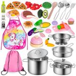 Hohosunlar Kids Pretend Play Kitchen Accessories, Stainless Steel Toy Pots and Pans Set w/Cutting Play Food, Cooking Utensils, Unicorn Apron, Storage Bag, Kitchen Playset for Kids Toddlers Girls Gift