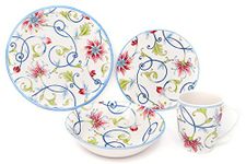 Tudor Royal Collection 16-Piece Round Dinnerware Set, Service for 4, Botanical Design, Plates Bowls Dishes, High-Gloss Premium Quality