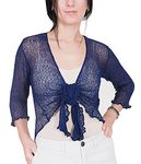 Mimosa Ladies Crochet Shrug Bolero Glitter or Plain Super Stretchy Lace Fish Net Tie at Waist Bolero Open Cardigan Fits UK 6-28 Navy