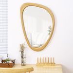 FRUMENSHIP Irregular Wall Mirror, 20 x 30in Wooden Frame Asymmetrical Mirror, Large Home Decor Wall Mirrors, Hanging Vertically and Horizontally, for Bathroom, Living Room, Entryway (Natural Colour)