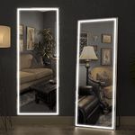 CASSILANDO 160cm x 50cm Full Length Mirror with LED Lights, Free Standing Floor Mirror, Wall Mounted Mirror, Color Dimmable & Brightness Adjustment for Bedroom, LED, White with Stand