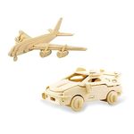 Georgie Porgy 2 Packs of Woodcraft Construction Kits 3D Wooden Jigsaw Puzzle Wooden Model Kits for Kids Toys (Civil Plane + Ferrari)