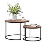 Round Nesting Coffee Table Set of 2 for Living Room, End Side Table with Metal Frame, Sofa Tea Table for Small Space, Black and Brown, 69.5 x 49 cm and 49.5 x 35.5 cm (Dia. X H)