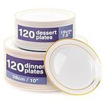 MATANA 240 Premium White Plastic Plates with Gold Rim - 120 26cm Dinner Plates, 120 19cm Dessert Plates - Elegant & Reusable Party Plates for Weddings, Birthdays, BBQ, Catering, Parties