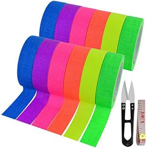 12 Pack UV Blacklight Reactive 6 Color Fluorescent Tape Fluorescent Cloth Tape Colorful Neon Gaffer Tape Neon Reflective Tape Neon Adhesive Tape Glow in The Dark Tape, 0.59" x16.4ft Each Roll