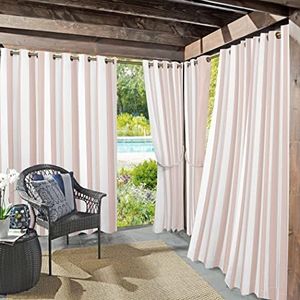 Sun Zero Valencia 2-Pack Cabana Stripe Indoor/Outdoor UV Protectant Energy Efficient Grommet Curtain Panel Pair, 54" x 108", Rose Quartz