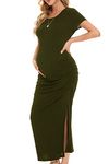 Smallshow Women's Long Maternity Dress Short Sleeve Split Ruched Pregnancy Clothes Large Army Green