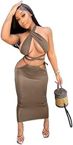 BYDIVA Sexy Halter Neck Multi Top Slim Fit Hollow Out 2 Piece Outfits for Women Taupe S