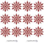 10CM Hanging Glitter Snowflake Decorations, 12 Pieces Snowflake Hanging Ornaments Glitter Snowflake for Christmas Tree, Xmas Home Décor, Christmas Party Supplies, Red