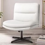 PUKAMI Armless Office Desk Chair No Wheels,PU Leather Criss Cross Legged for Home,Modern Swivel Vanity and Mid-Back Computer Chair,Height Adjustable Wide Seat for Task (White)