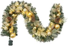 GarveeHome 6 Ft Christmas Garland, Pre-Lit Artificial Xmas Garland with 20 LED Lights, Battery Operated Rattan Christmas Decoration with Gold Bows, Ball Ornaments, Pine Cones, Gold