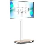 FITUEYES Mobile Tall TV Stand/Cart with Wood Base & Wheels Swivel Mount Height Adjustable for 32 to 65 inch Screen(White)