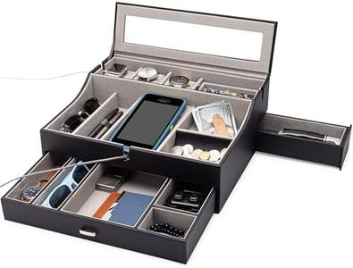 Mens Valet Box Organizer, Large Leather Valet Tray for Men, Mens Valet Tray Organizer with Charging Station, Mens Jewelry Box Organizer for EDC Valet Mens Accessories, Nightstand Bedside Dresser Top