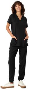 floralhue Scrubs for Women, V-Neck Scrubs Top & Cargo Pants, Scrubs Set with 10 Pockets, Yoga Waistband, 4 Way Stretch, Black, M