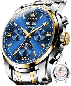 OLEVS Self Wind Watches for Men Automatic Blue Dial Mechanical Watch Mens Calendar Large Men's Wrist Watch No Battery Waterproof Moon Phase Man Two Tone Stainless Steel Reloj para Hombre