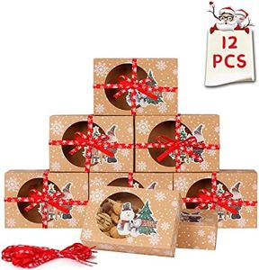 OurWarm 12pcs Christmas Cookie Gift Boxes Treat Boxes for Giving and Christmas Party Supplies, Christmas Kraft Paper Food Bakery Boxes with Clear Window, Oilpaper and Ribbons